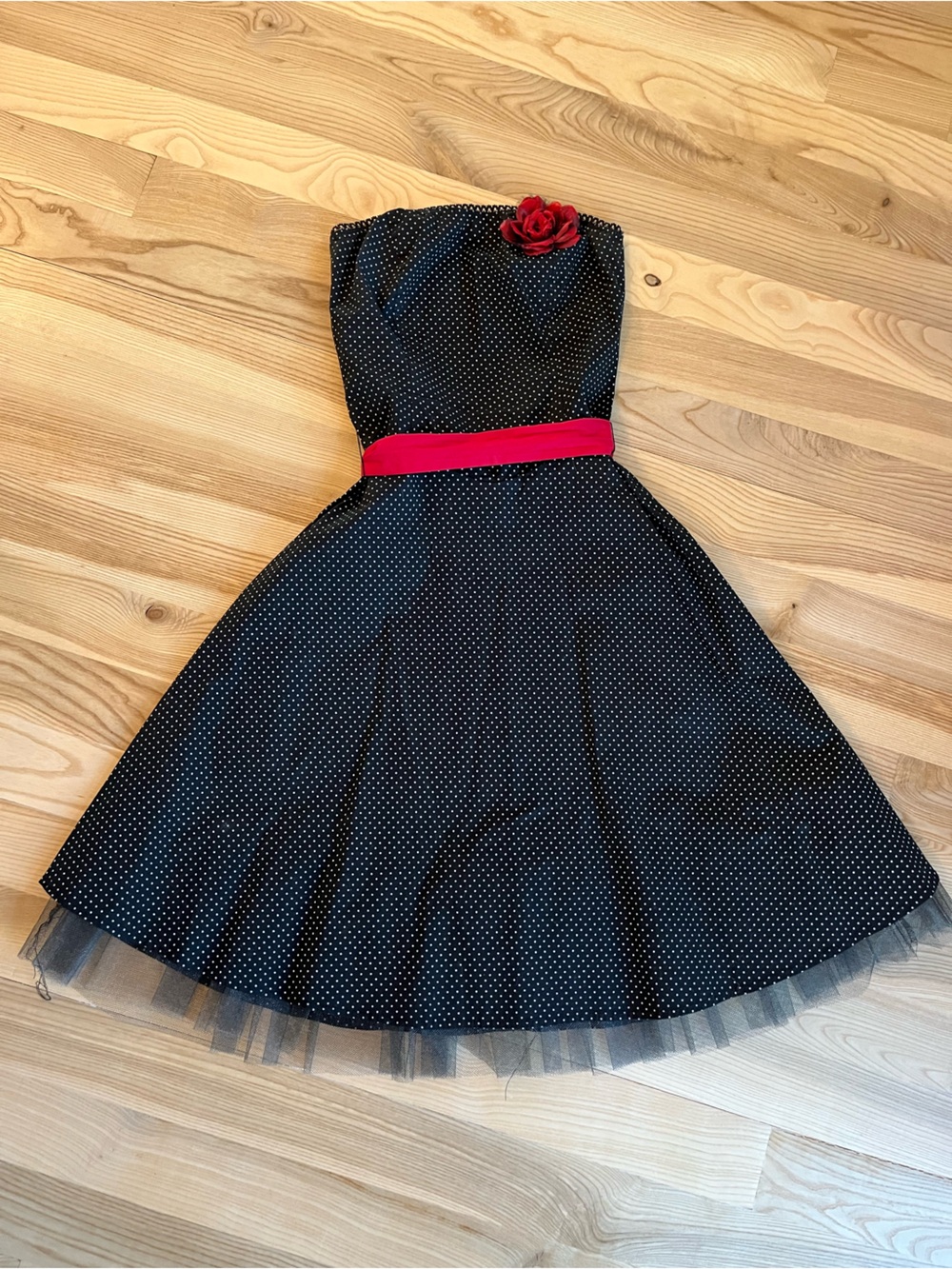 Ruby Rox Black Polka Dot Skirt with Red Fabric Flower